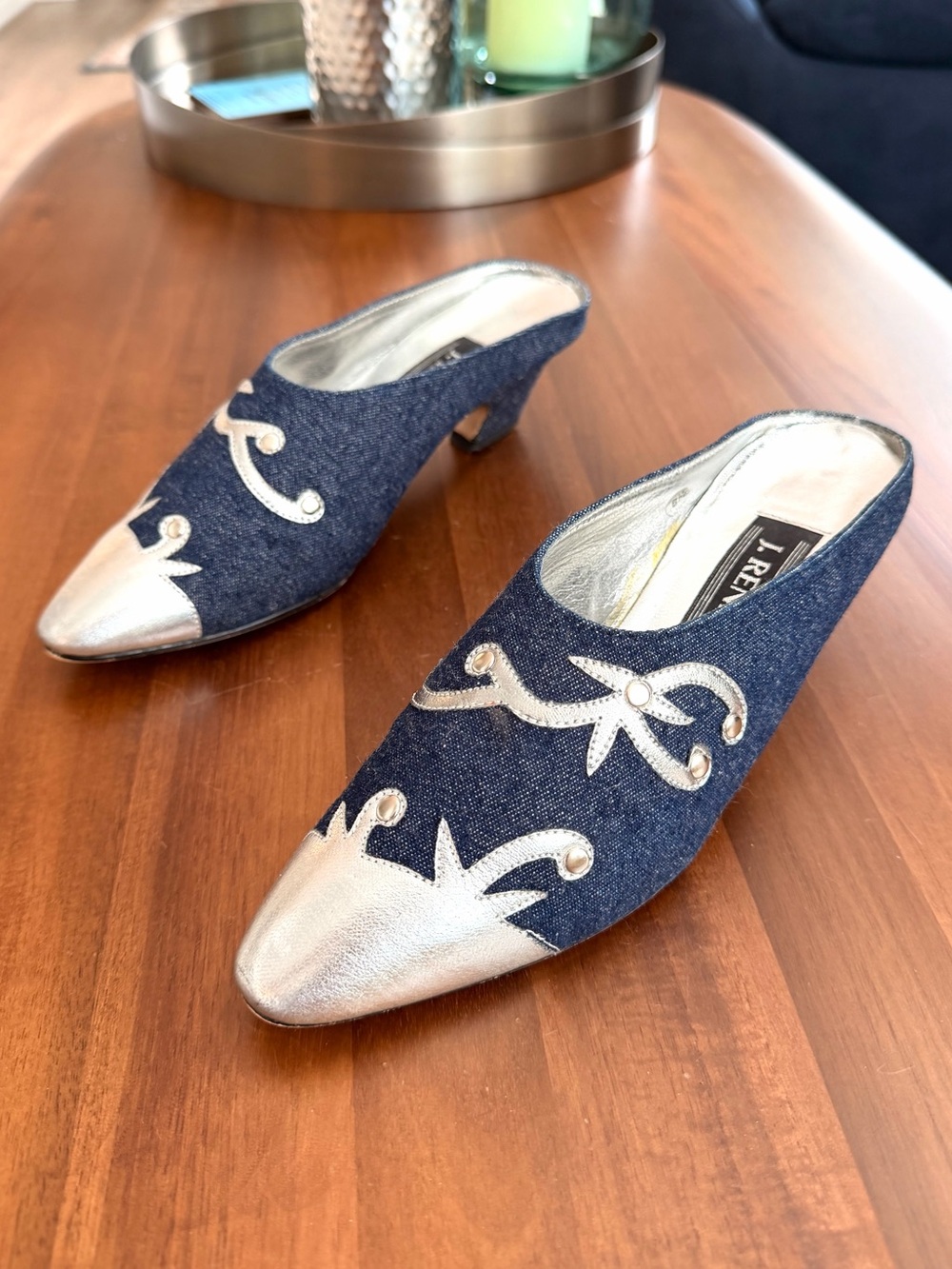 J. Renee Denim Silver Western Cowgirl Mules Heels Vintage Y2K 6M